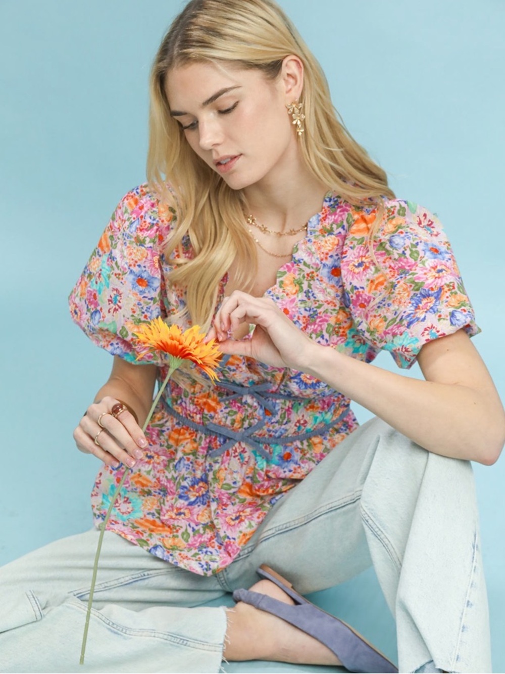 💗Hello Gorgeous! Umgee Mix Floral Smocked Waist Blouse- Peony Mix